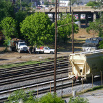 Workers along the railroad tracks